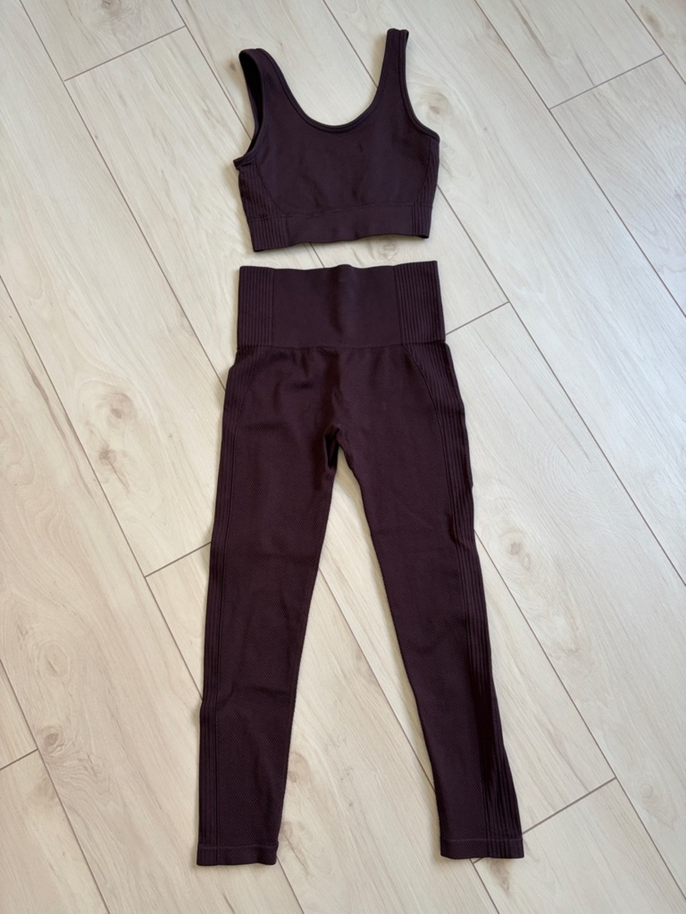 Seamless High-Waist Ribbed Leggings & Crop Tank Set - Dark Brown